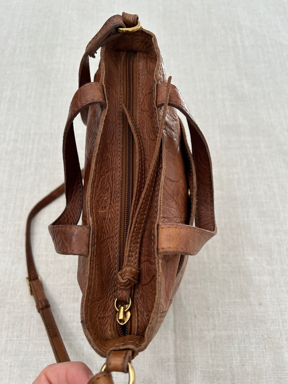 Margot Crossbody Bag Embossed Floral Leather in Cognac Brown - Picture 4 of 16